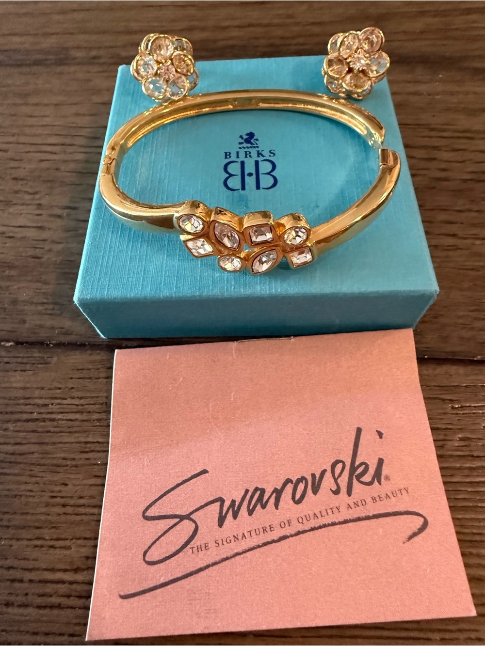 Swarovski Gold Crystal Floral Cuff Bracelet with Matching Studs